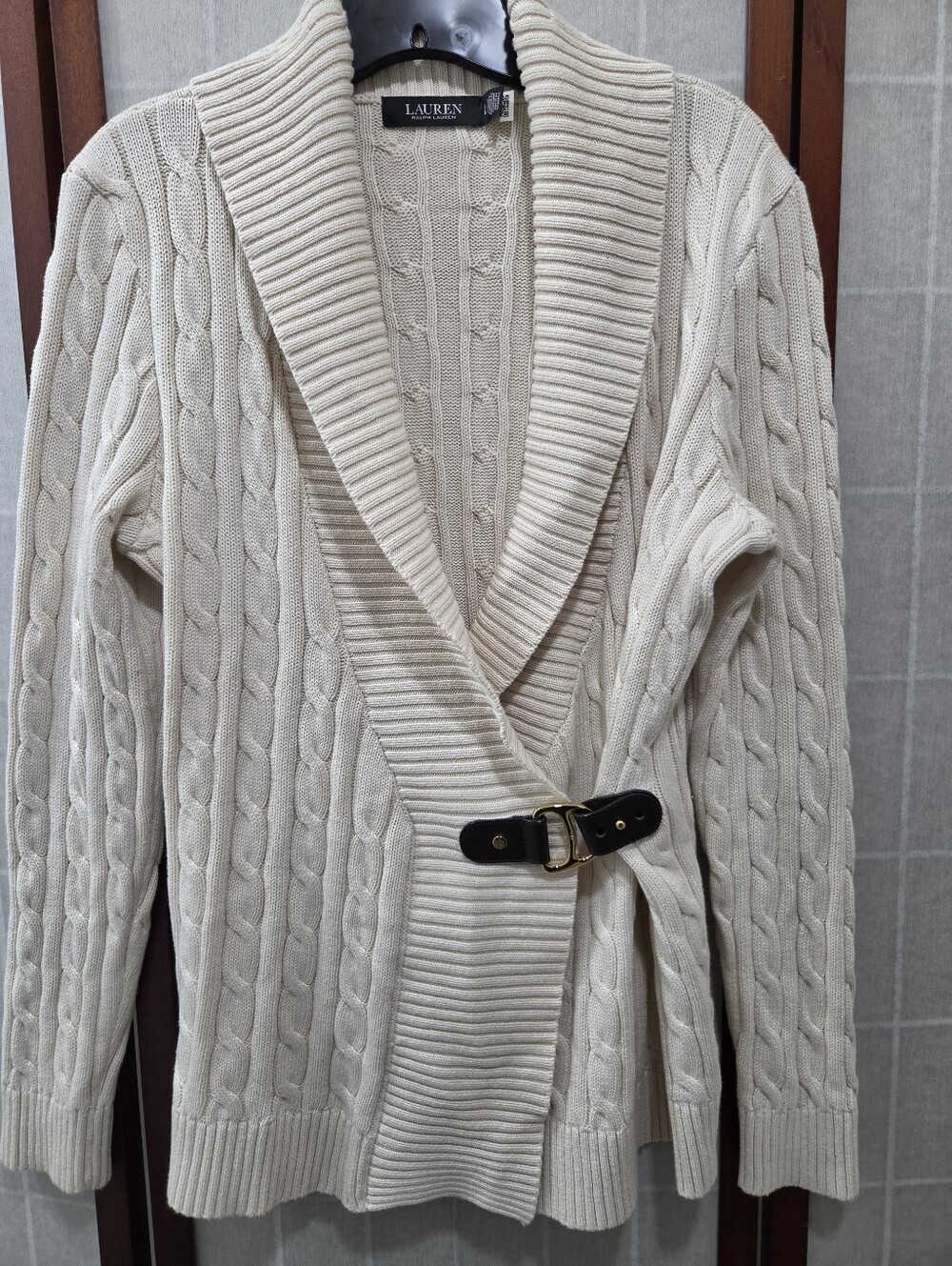 Lauren Ralph Lauren Cream Cable Knit Buckle Cardigan | Old Money Preppy L